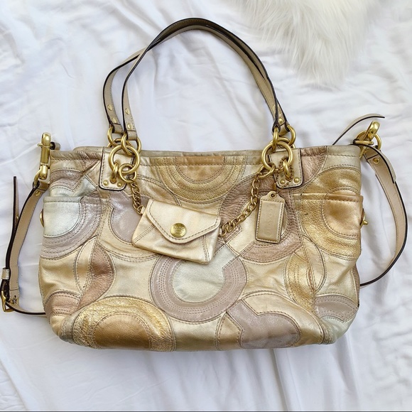 COACH Monogram Gold Leather Shoulder Bag - Picture 2 of 10